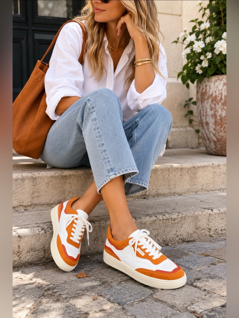 Anthropologie ALOHAS Orange & White Low Top Sneaker Size 7-7.5